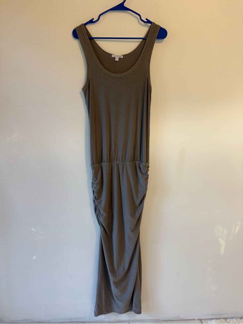 James Perse Ruched Tank Maxi Dress Taupe Sleeveless Stretch Size 3 Large